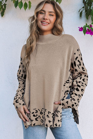 Khaki Leopard High Neck Side Slit Oversized Sweater - Patty's Porch by PBSD |Children's clothing and Dance wear | Jackson Tennessee