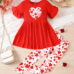 Heart Pattern 2pcs Set Girls Short Sleeve Top + Pants Set Spring Summer Valentine's Day Gift - Patty's Porch by PBSD |Children's clothing and Dance wear | Jackson Tennessee