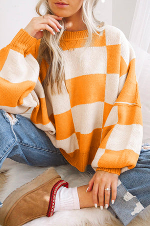 Orange Checkered Bishop Sleeve Sweater - Patty's Porch by PBSD |Children's clothing and Dance wear | Jackson Tennessee