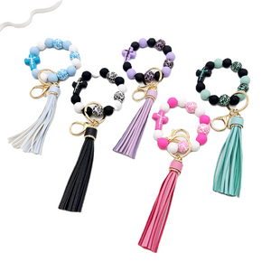 Beaded silicone beads bracelet tassel keychain (with cross and the name Jesus)