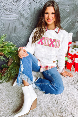 White XOXO Glitter Chenille Cable Knit Pullover Sweatshirt - Patty's Porch by PBSD |Children's clothing and Dance wear | Jackson Tennessee