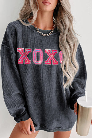 Gray Valentine Sequin XOXO Corded Crew Neck Sweatshirt - Patty's Porch by PBSD |Children's clothing and Dance wear | Jackson Tennessee