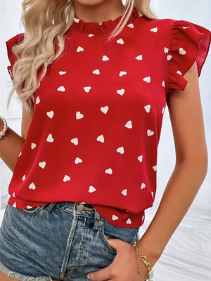 Heart Print Ruffle Trim Blouse, Casual Pleated Crew Neck Blouse For Spring & Summer, Women's Clothing - Patty's Porch by PBSD |Children's clothing and Dance wear | Jackson Tennessee